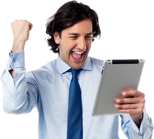 A smiling man holding a tablet