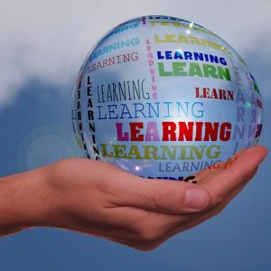 Image of a hand holding a spherical ball with learning words